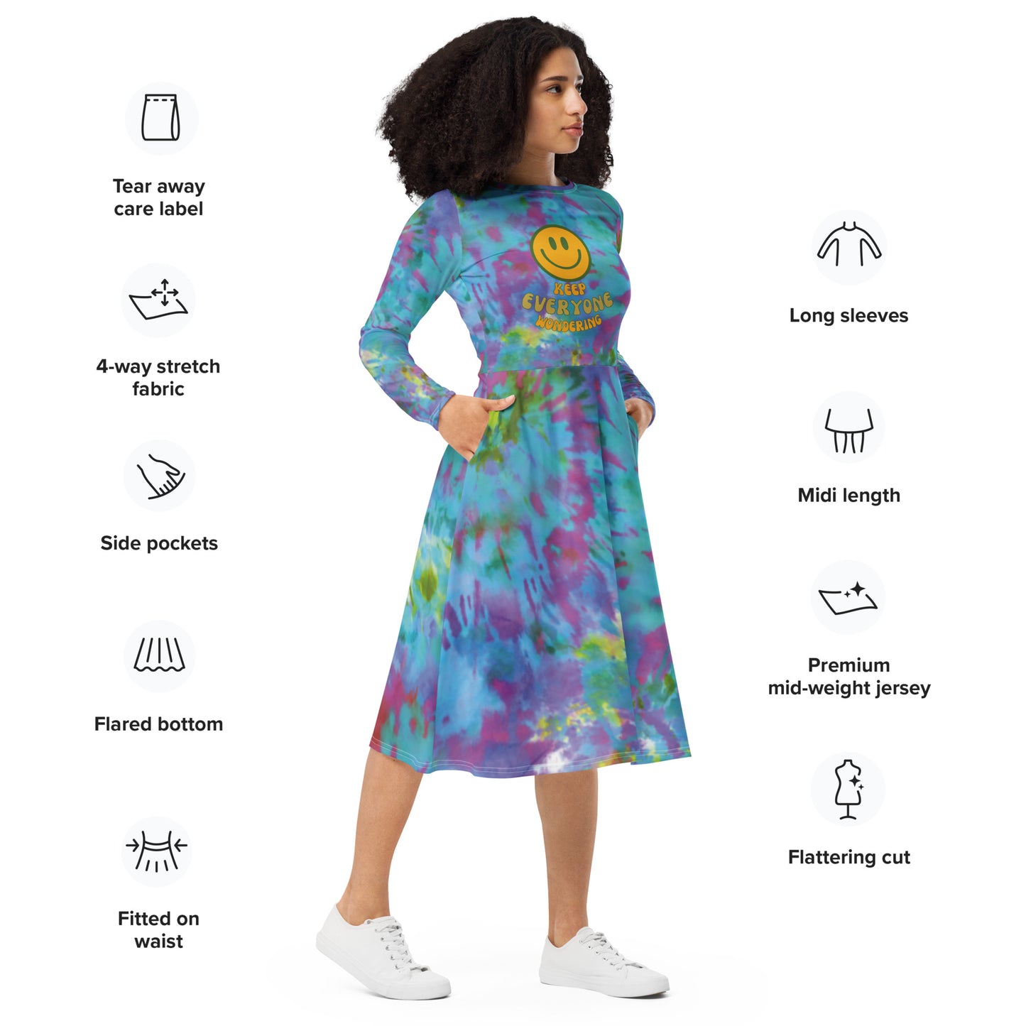 (SMILE) Keep Everyone Wondering Print Long Sleeve Midi Dress
