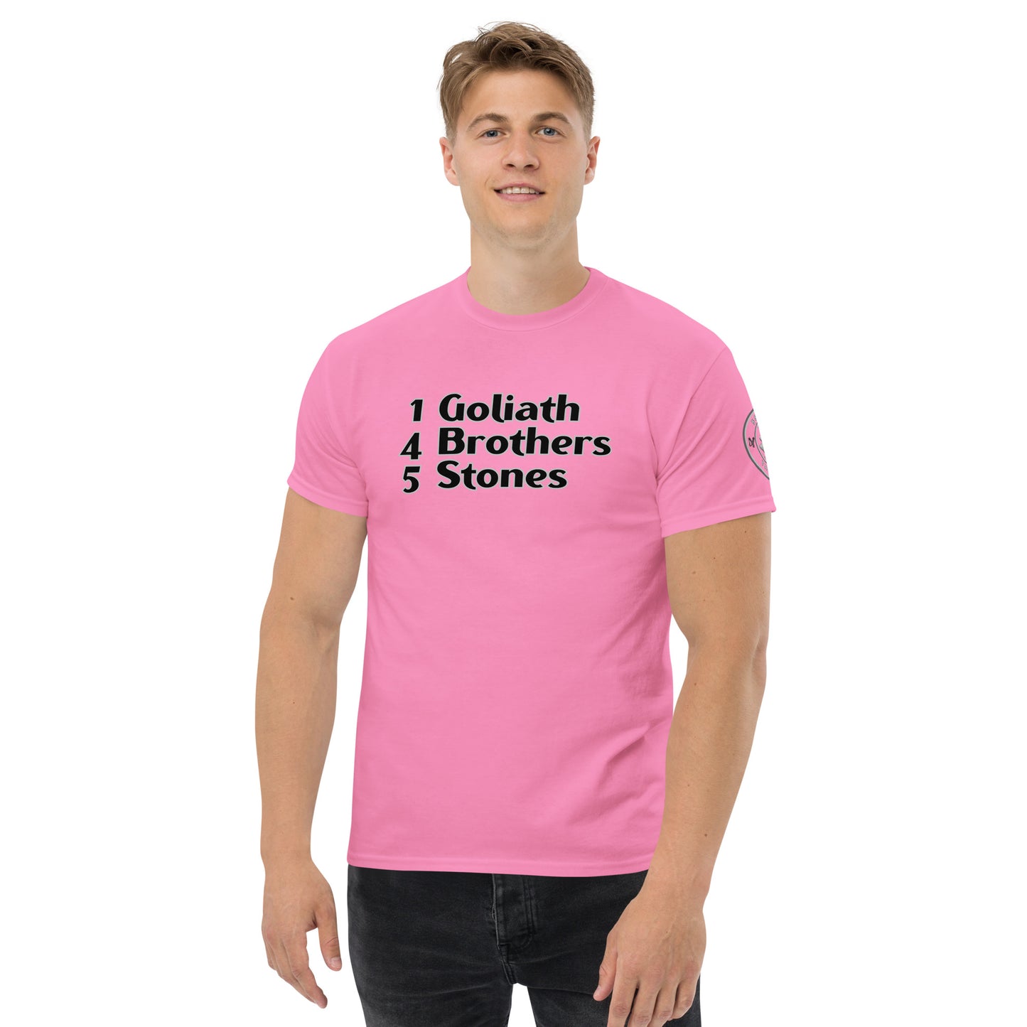 1 Goliath 4 Brothers 5 Stones (Chest) 5 Stones Tactical (Left Arm) Unisex Classic Tee