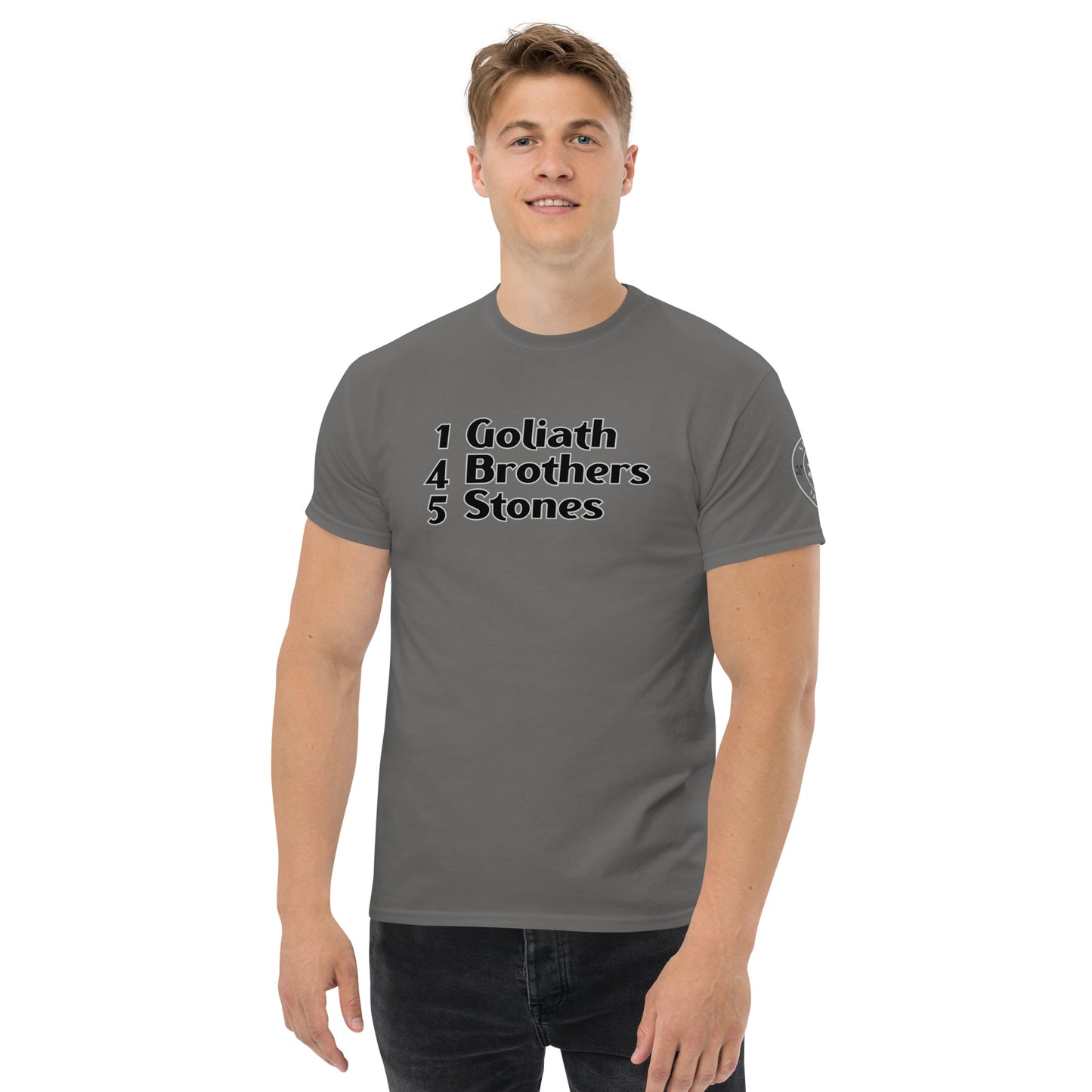 1 Goliath 4 Brothers 5 Stones (Chest) 5 Stones Tactical (Left Arm) Unisex Classic Tee