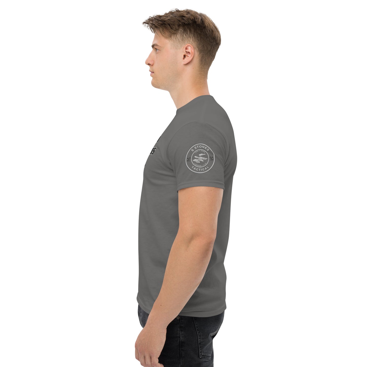 1 Goliath 4 Brothers 5 Stones (Chest) 5 Stones Tactical (Left Arm) Unisex Classic Tee