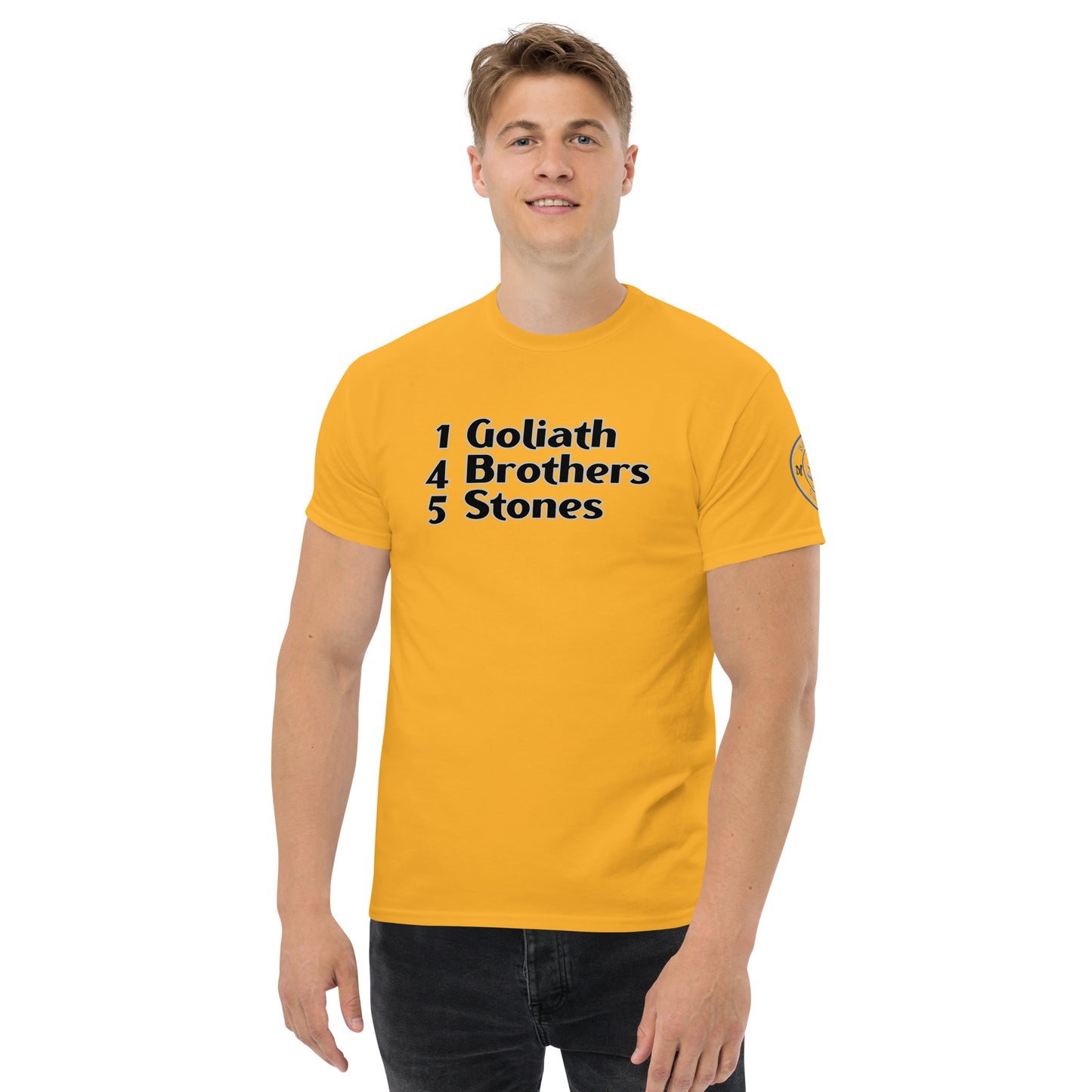 1 Goliath 4 Brothers 5 Stones (Chest) 5 Stones Tactical (Left Arm) Unisex Classic Tee