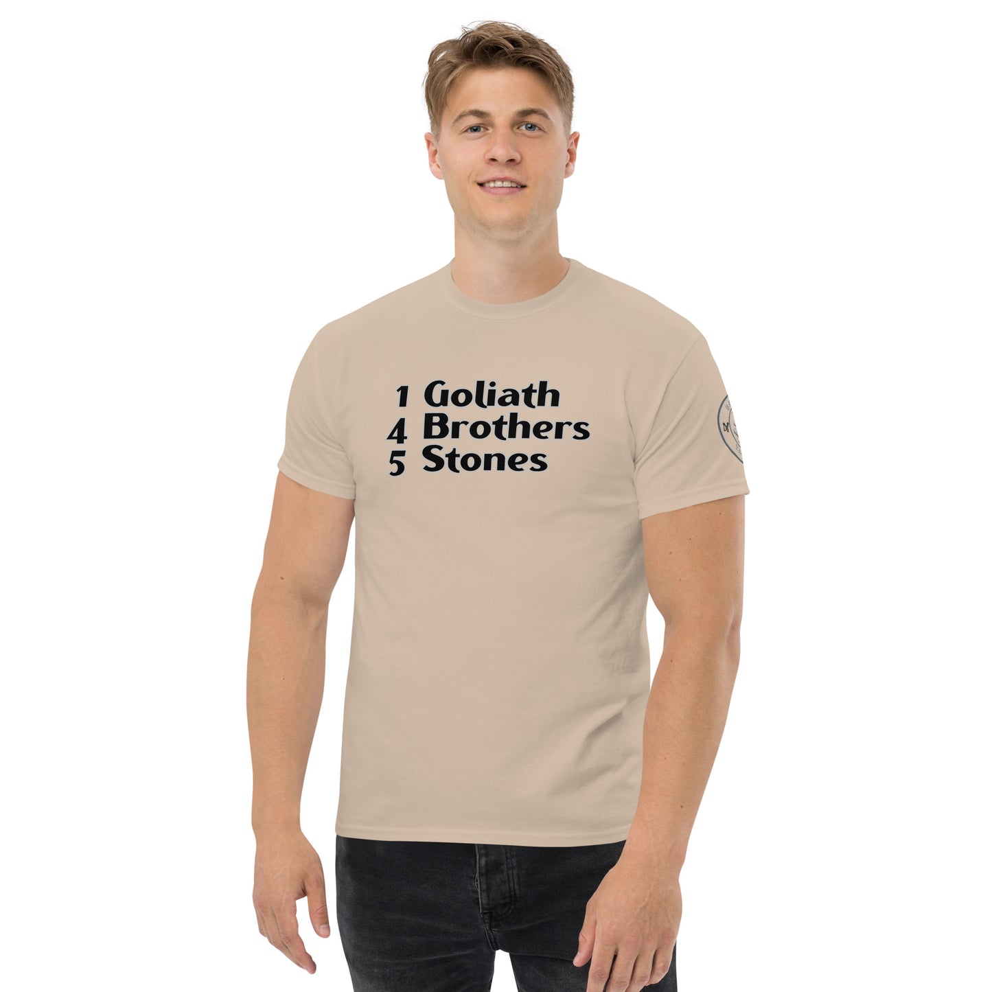 1 Goliath 4 Brothers 5 Stones (Chest) 5 Stones Tactical (Left Arm) Unisex Classic Tee