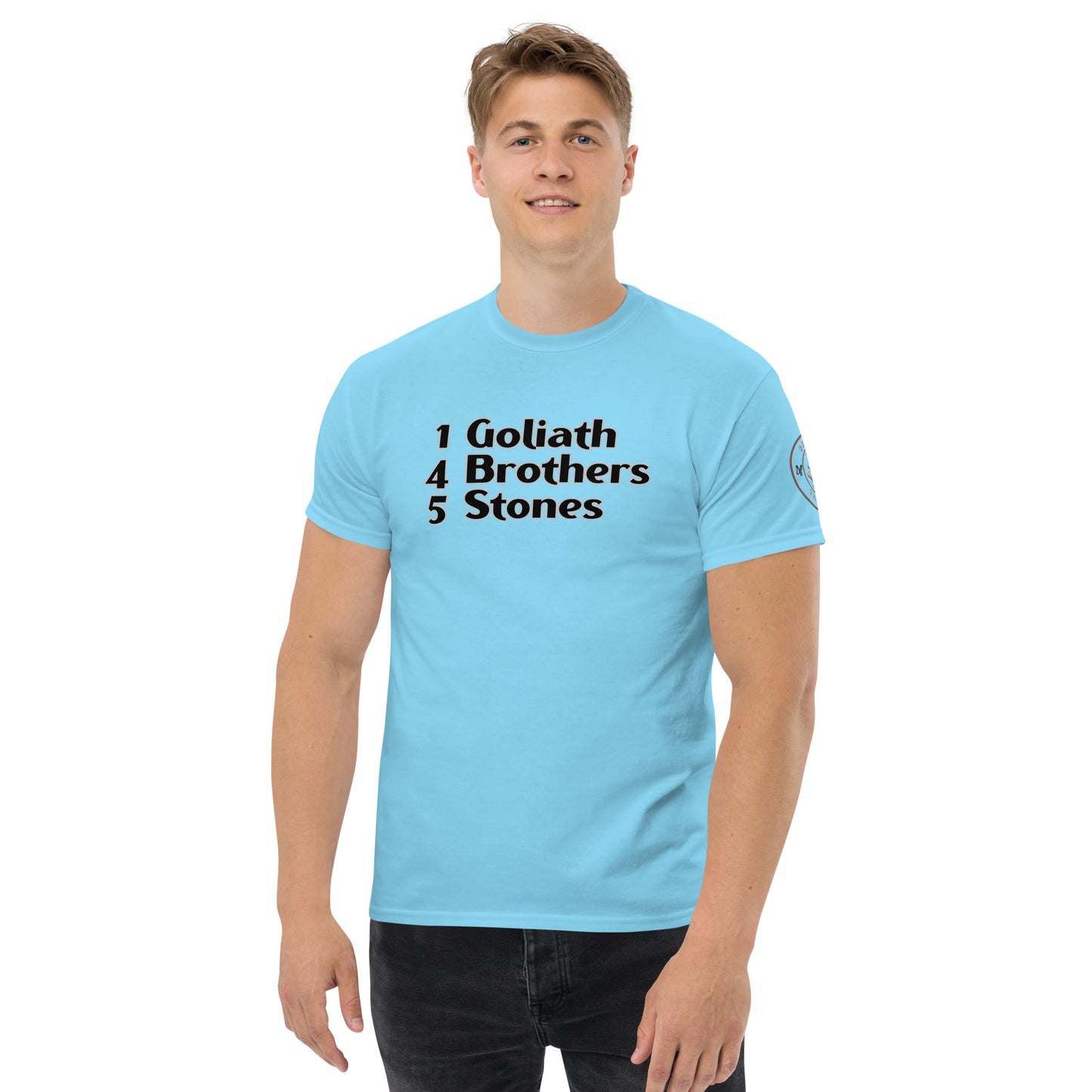 1 Goliath 4 Brothers 5 Stones (Chest) 5 Stones Tactical (Left Arm) Unisex Classic Tee