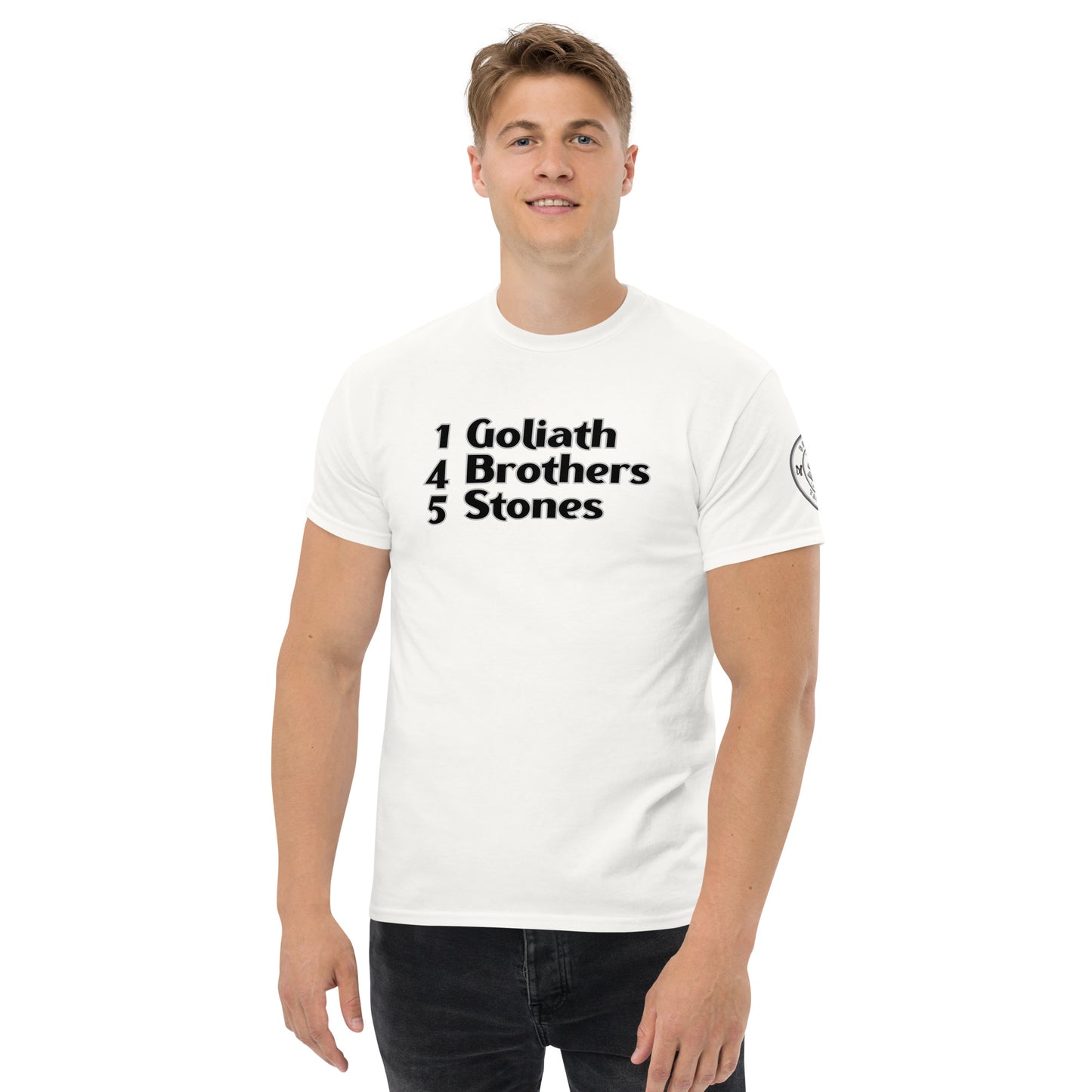 1 Goliath 4 Brothers 5 Stones (Chest) 5 Stones Tactical (Left Arm) Unisex Classic Tee