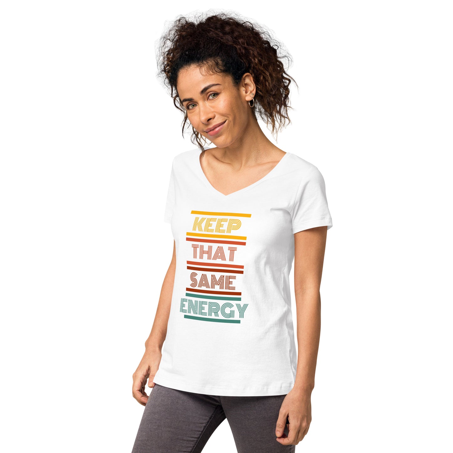 KEEP THAT SAME ENERGY Women’s Fitted V-Neck T-Shirt