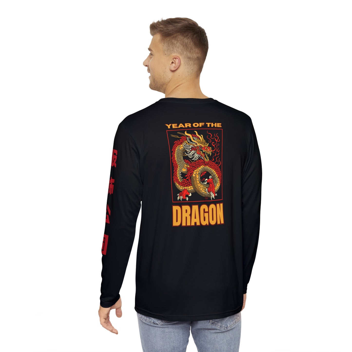 Year of the Dragon (Back) Retro Revive (Front Chinese) Apparel Company (Sleeve Chinese) Men's Poly Long Sleeve Shirt