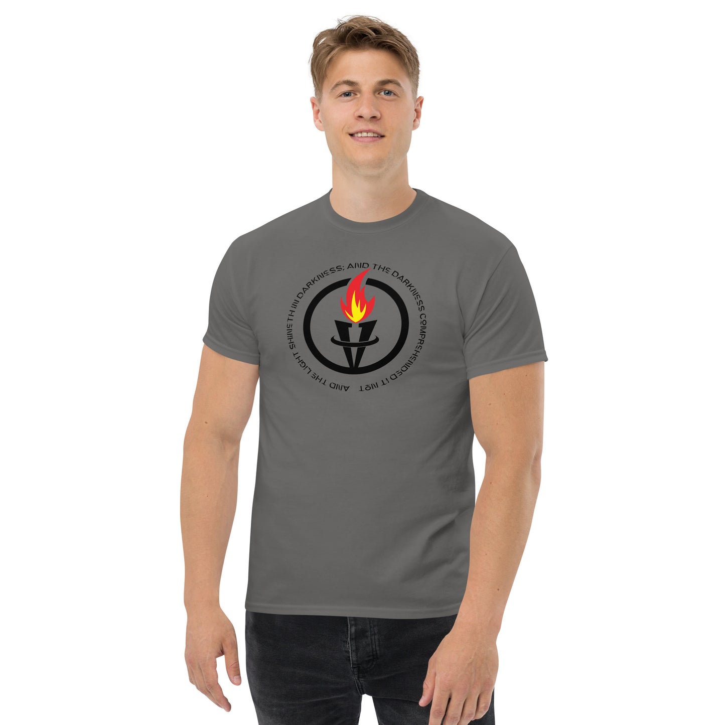 And the light shineth in darkness; and the darkness comprehended it not John 1:5 Men's classic tee