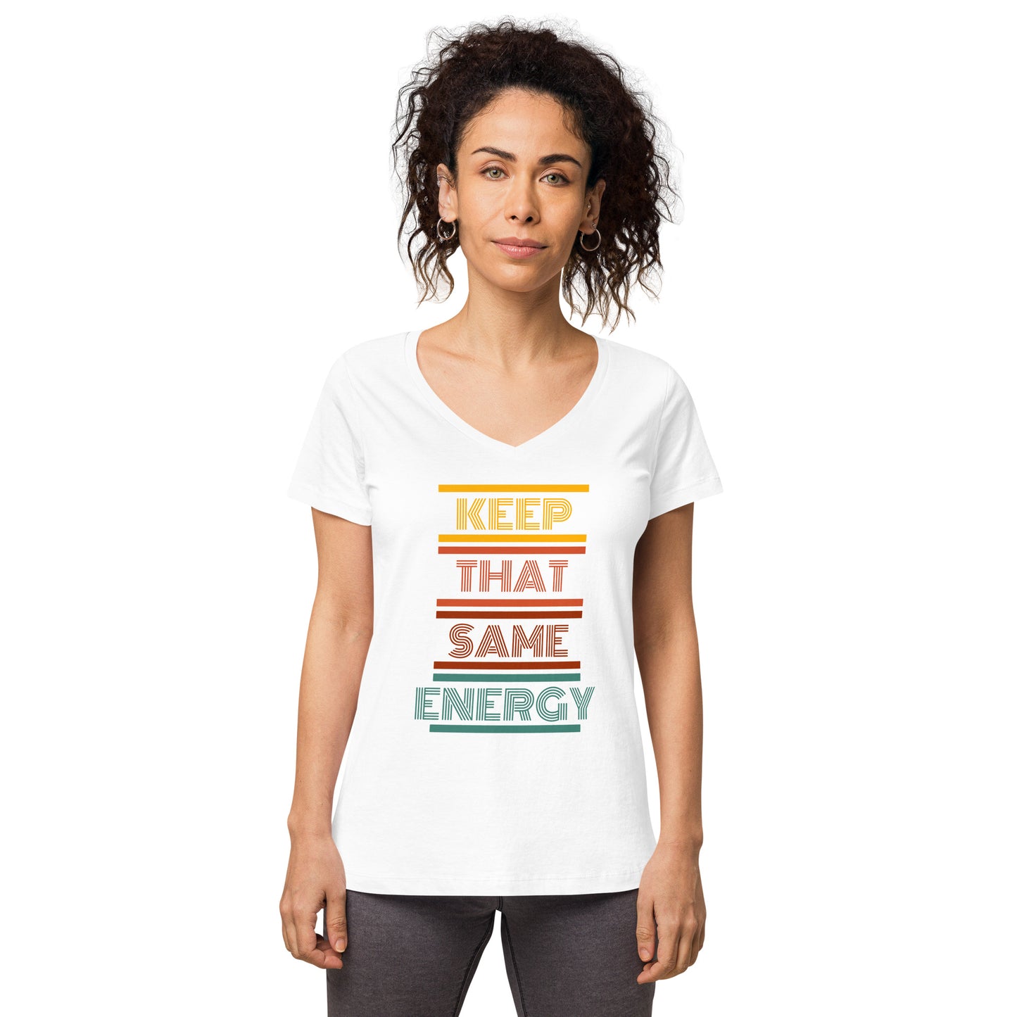 KEEP THAT SAME ENERGY Women’s Fitted V-Neck T-Shirt