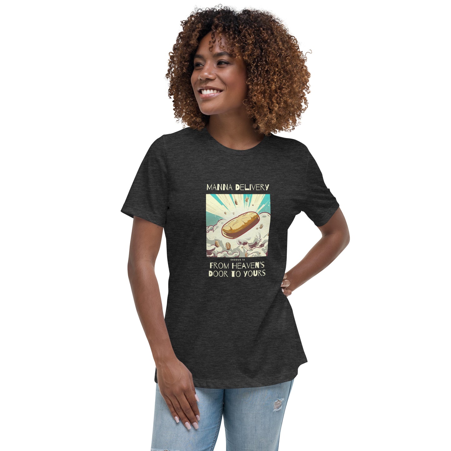 Manna Delivery "From Heaven's Door to Yours" (Yellow Print) Women's Relaxed T-Shirt