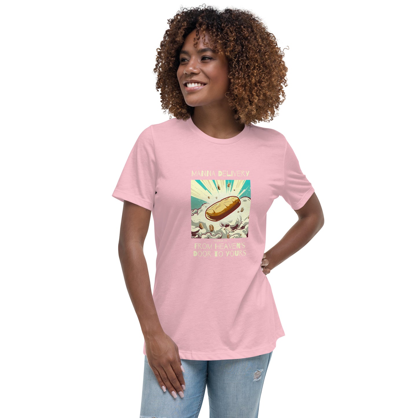 Manna Delivery "From Heaven's Door to Yours" (Yellow Print) Women's Relaxed T-Shirt