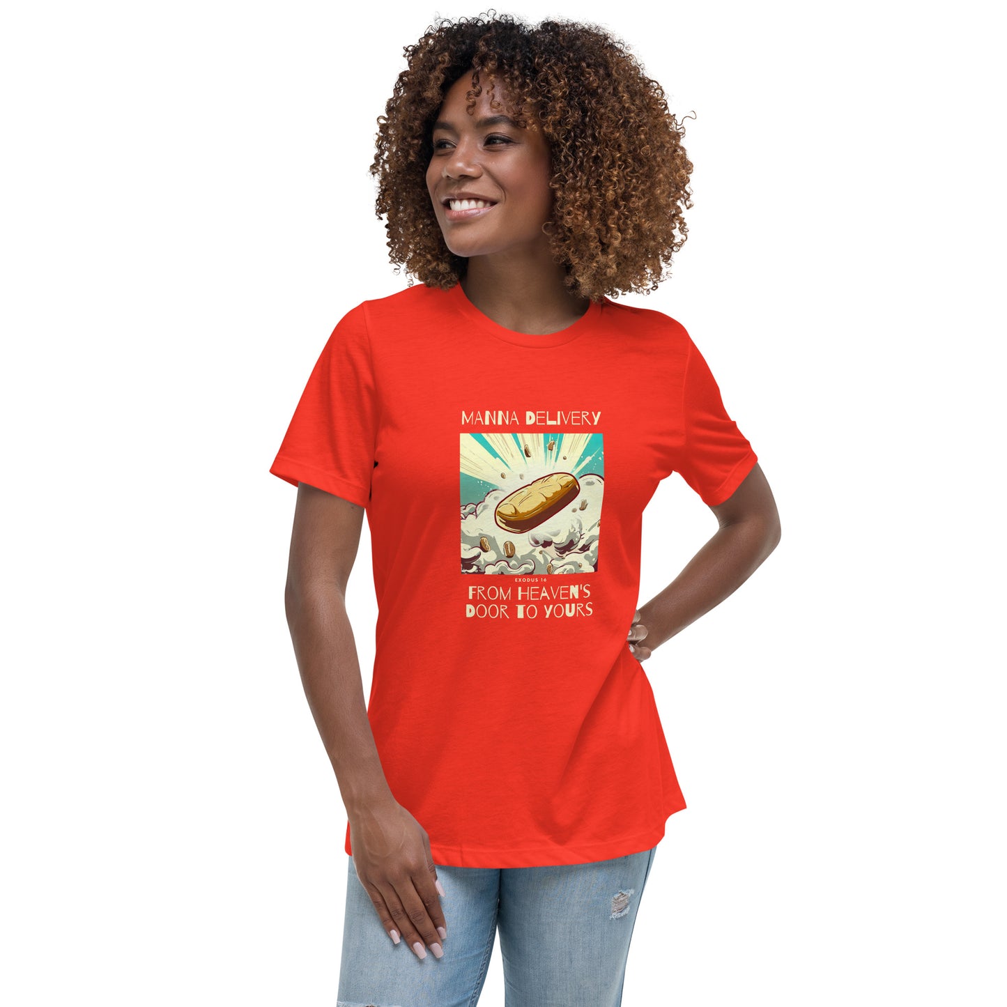 Manna Delivery "From Heaven's Door to Yours" (Yellow Print) Women's Relaxed T-Shirt